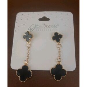 Princess Accessories Elegant Gold Tone‎ Black Clover Dangle Pierced Earrings 2"